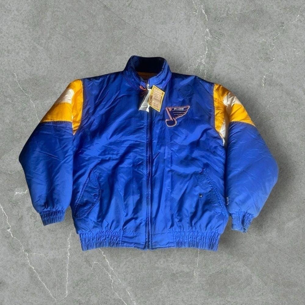 Vintagee St Louis Blues Puffer Jacket Mens Large Blue Gold Logo 7 NWT 90s Coat